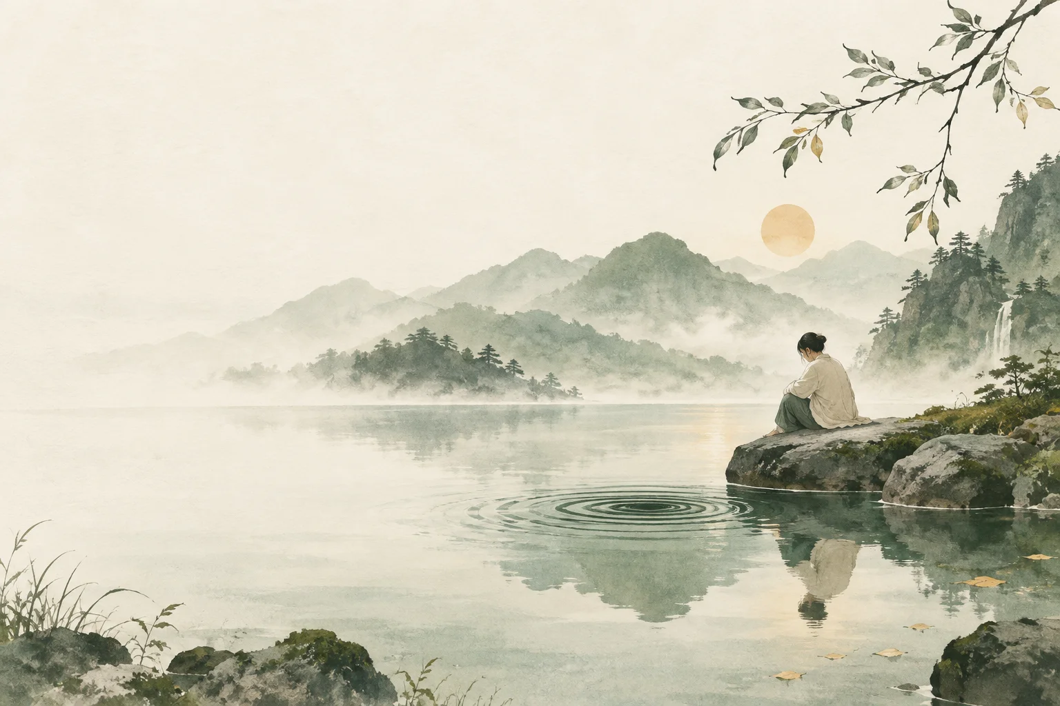 一个人静坐湖边,看见水面涟漪与自己的倒影
